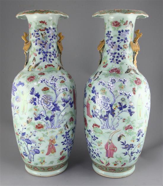 A pair of large Chinese famille rose and underglaze blue celadon ground vases, 19th century, 64cm, restoration to handles